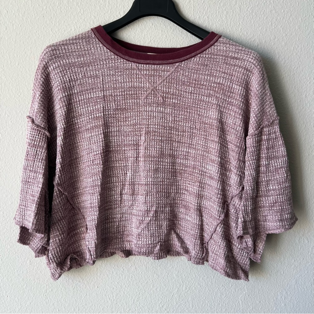 We The Free Free People Waffle Knit Crop Tee - Dusty Rose and Plum Trim